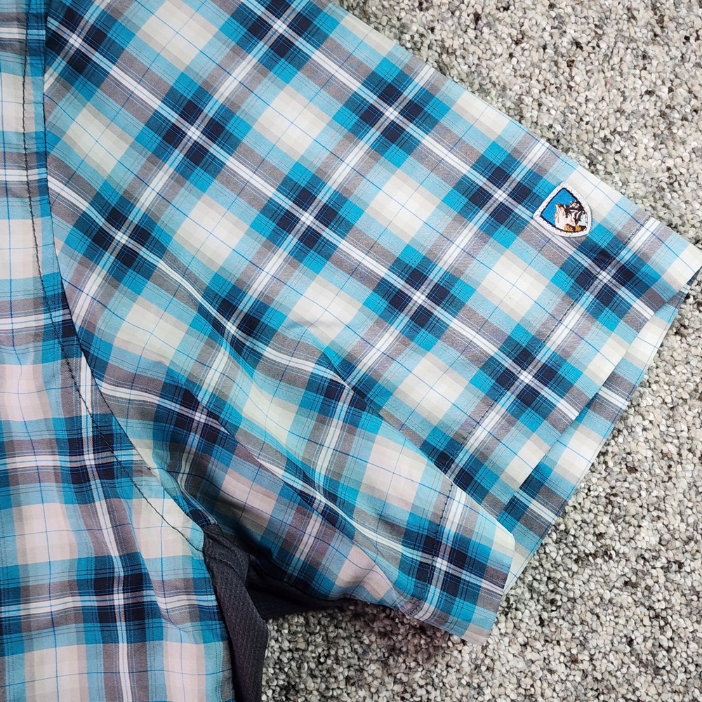 Kuhl Plaid Shirt Mens Large Blue Short Sleeve Snap Front Hiking Outdoor EUC - Picture 5 of 16